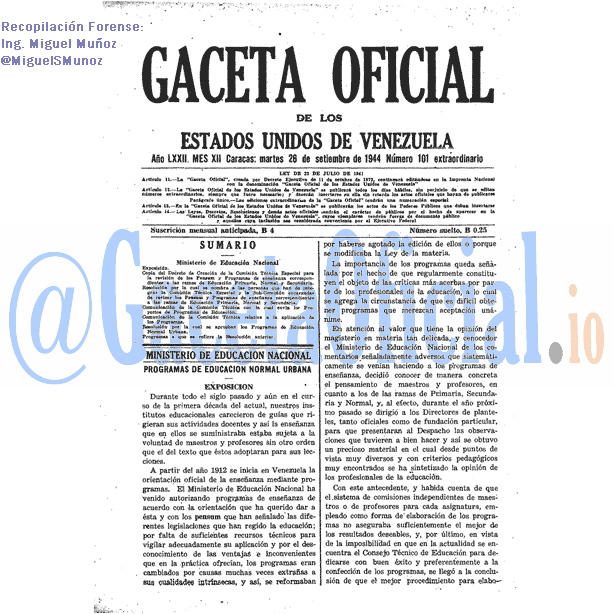 Gaceta Oficial 101 del 26 Septiembre 1944