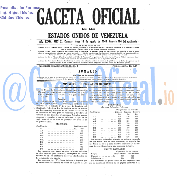 Gaceta Oficial 184 del 19 Agosto 1946