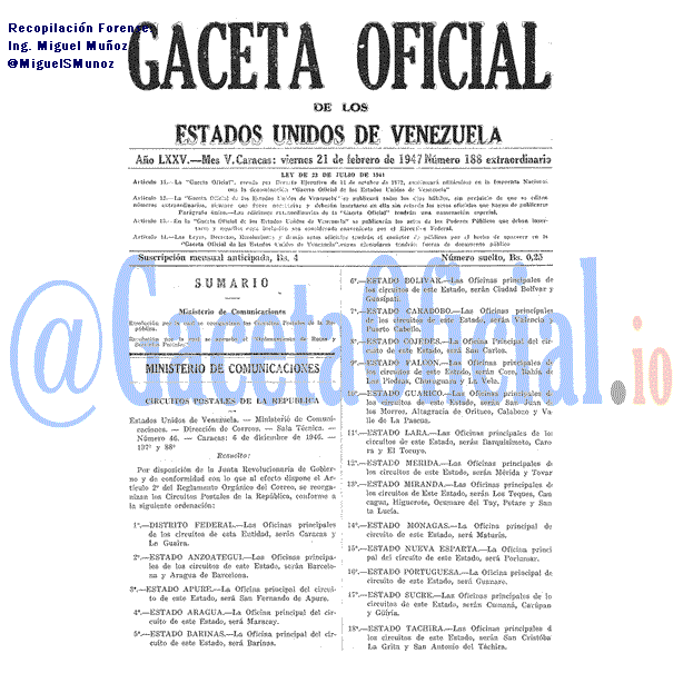 Gaceta Oficial 188 del 21 Febrero 1947