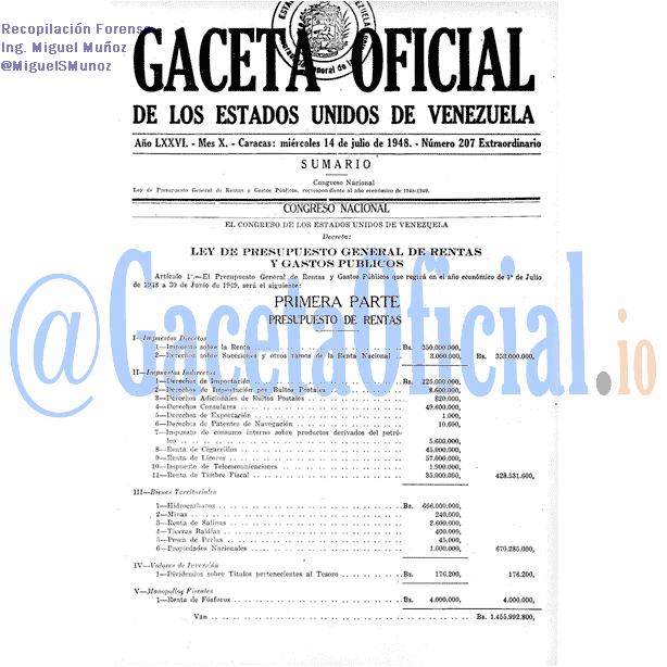 Gaceta Oficial 207 del 14 Julio 1948
