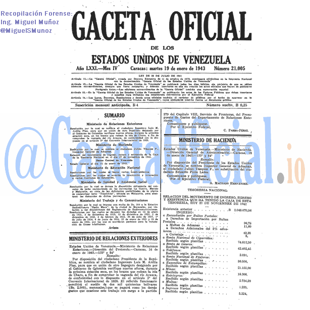 Gaceta Oficial 21005 del 19 Enero 1943