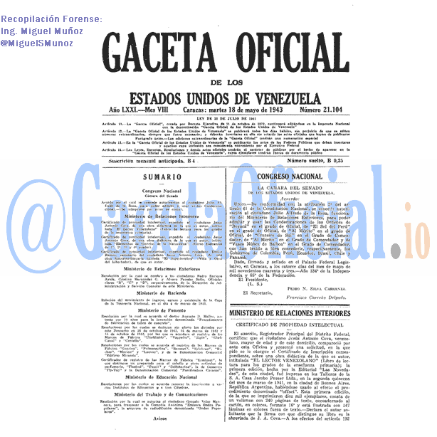 Gaceta Oficial 21104 del 18 Mayo 1943
