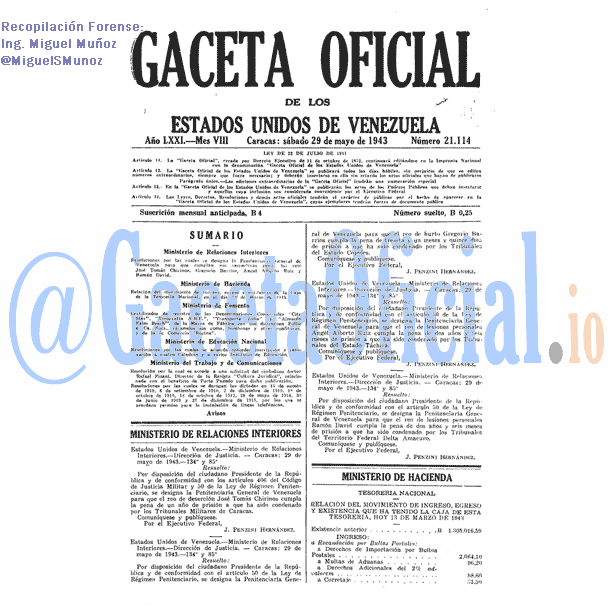 Gaceta Oficial 21114 del 29 Mayo 1943