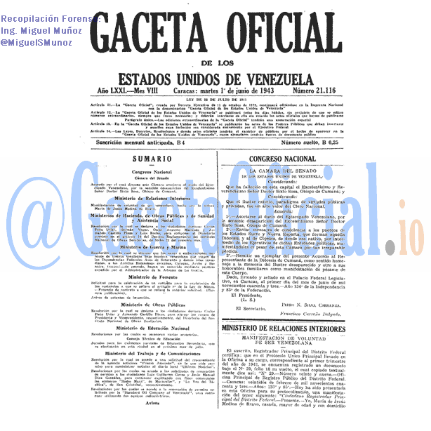 Gaceta Oficial 21116 del 1 Junio 1943