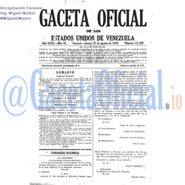 Gaceta Oficial 21189 del 27 Agosto 1943