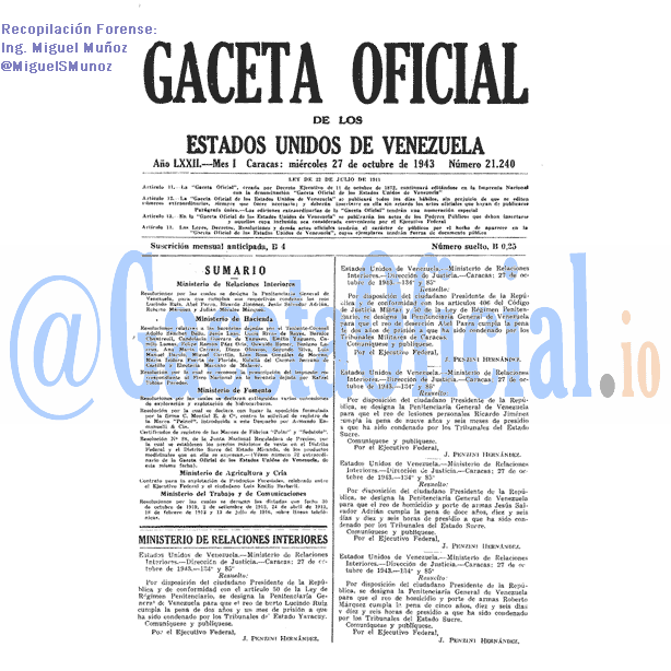 Gaceta Oficial 21240 del 27 Octubre 1943