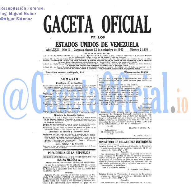 Gaceta Oficial 21254 del 12 Noviembre 1943