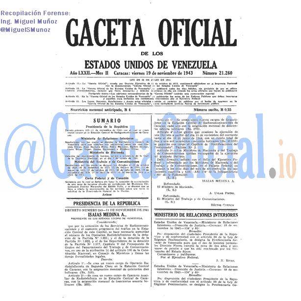 Gaceta Oficial 21260 del 19 Noviembre 1943