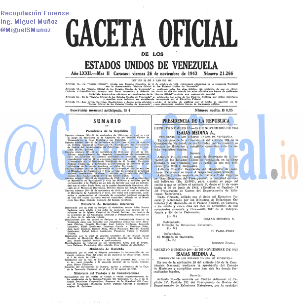 Gaceta Oficial 21266 del 26 Noviembre 1943