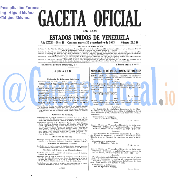 Gaceta Oficial 21269 del 30 Noviembre 1943