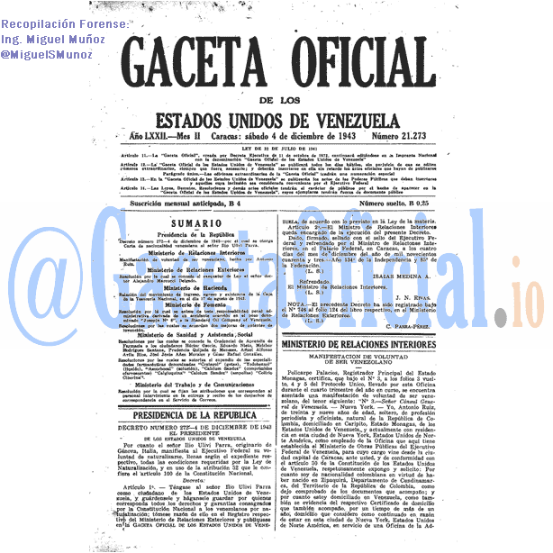 Gaceta Oficial 21273 del 4 Diciembre 1943