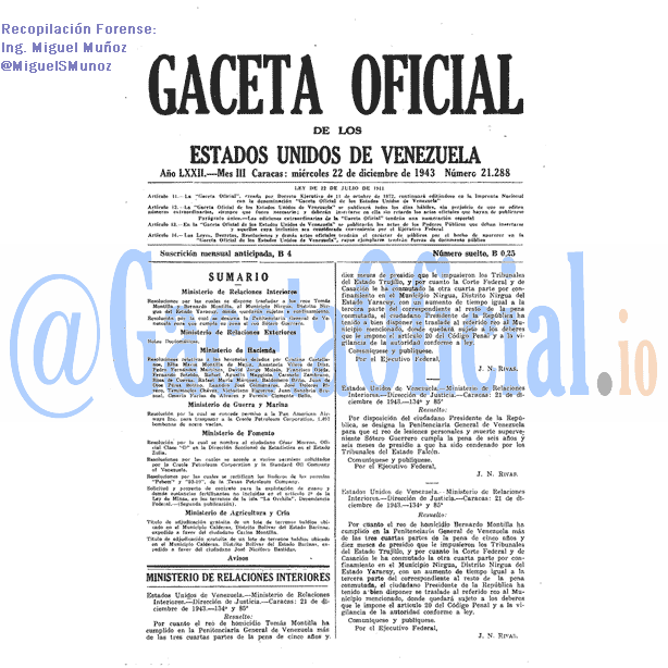 Gaceta Oficial 21288 del 22 Diciembre 1943