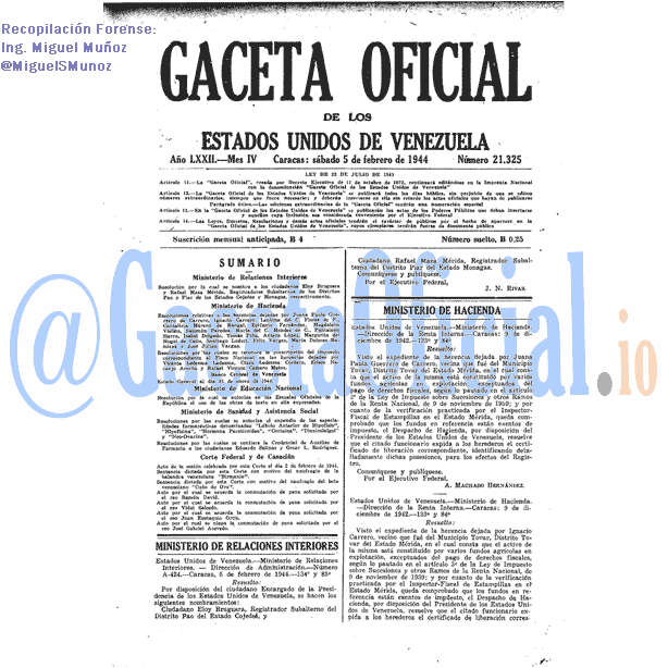 Gaceta Oficial 21325 del 5 Febrero 1944