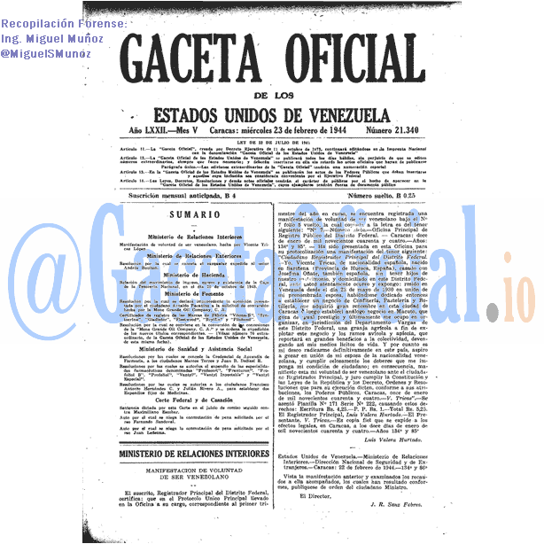 Gaceta Oficial 21340 del 23 Febrero 1944