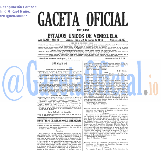 Gaceta Oficial 21362 del 20 Marzo 1944