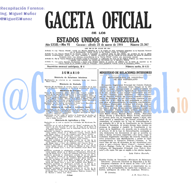 Gaceta Oficial 21367 del 25 Marzo 1944