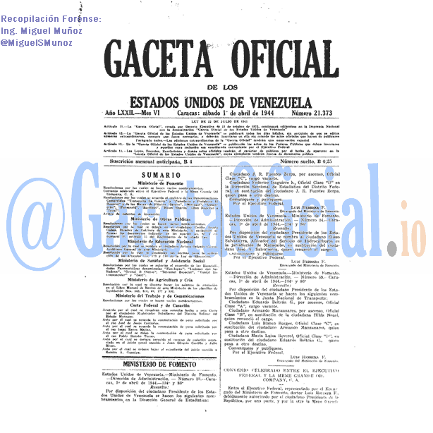 Gaceta Oficial 21373 del 1 Abril 1944