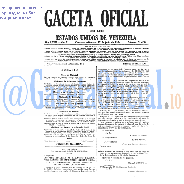 Gaceta Oficial 21456 del 12 Julio 1944