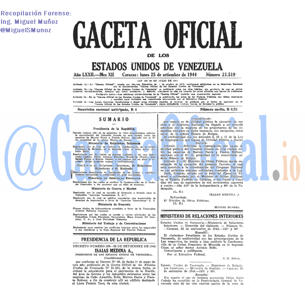 Gaceta Oficial 21519 del 25 Septiembre 1944