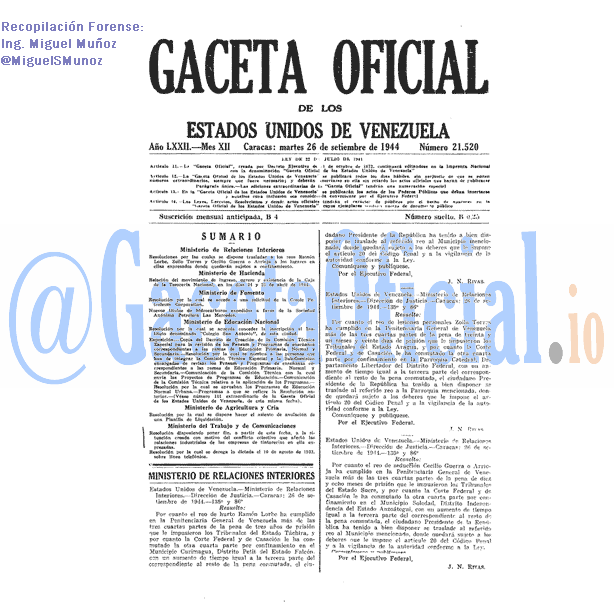 Gaceta Oficial 21520 del 26 Septiembre 1944