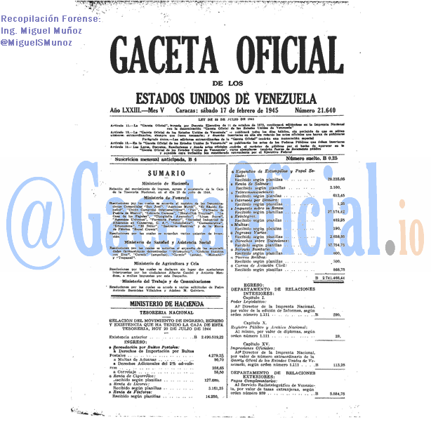 Gaceta Oficial 21640 del 17 Febrero 1945