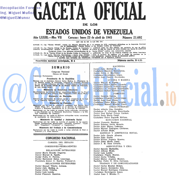 Gaceta Oficial 21692 del 23 Abril 1945