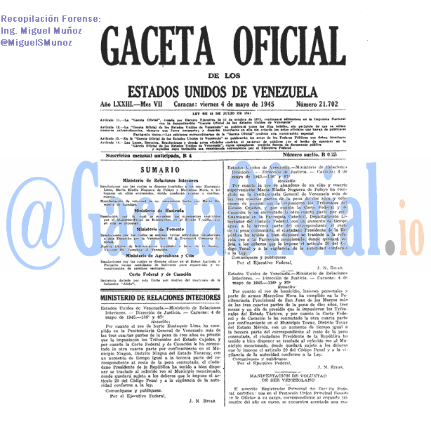 Gaceta Oficial 21702 del 4 Mayo 1945