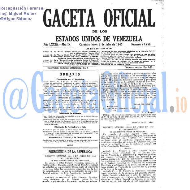 Gaceta Oficial 21756 del 9 Julio 1945