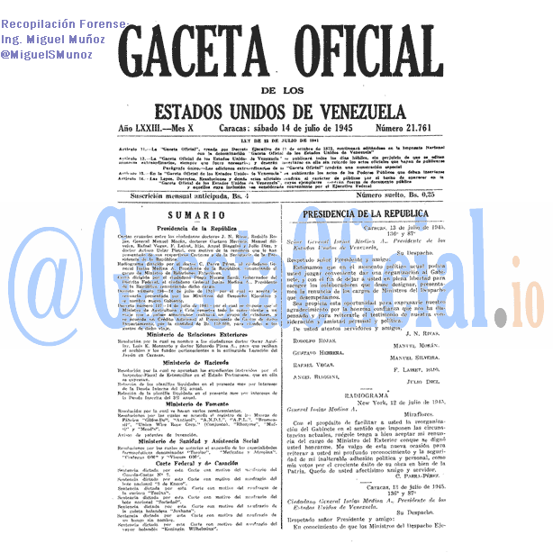 Gaceta Oficial 21761 del 14 Julio 1945