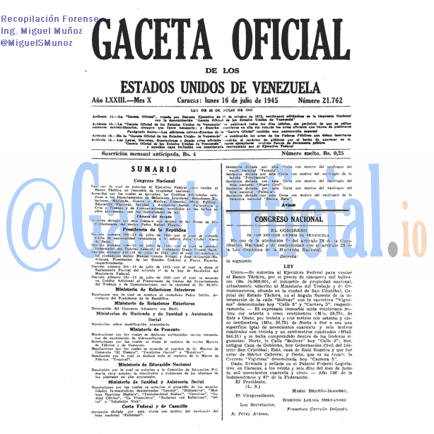 Gaceta Oficial 21762 del 16 Julio 1945