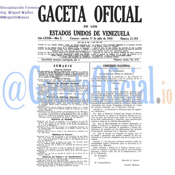 Gaceta Oficial 21763 del 17 Julio 1945