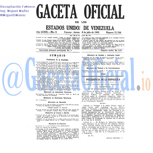 Gaceta Oficial 21766 del 20 Julio 1945