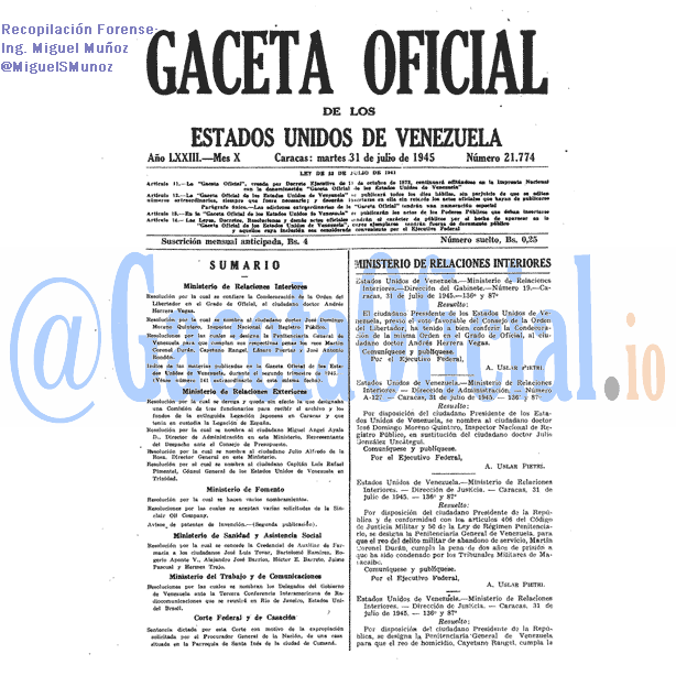 Gaceta Oficial 21774 del 31 Julio 1945