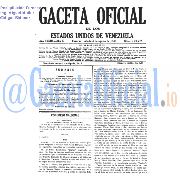 Gaceta Oficial 21778 del 4 Agosto 1945