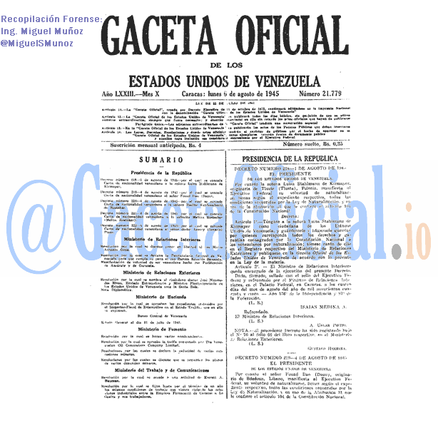Gaceta Oficial 21779 del 6 Agosto 1945