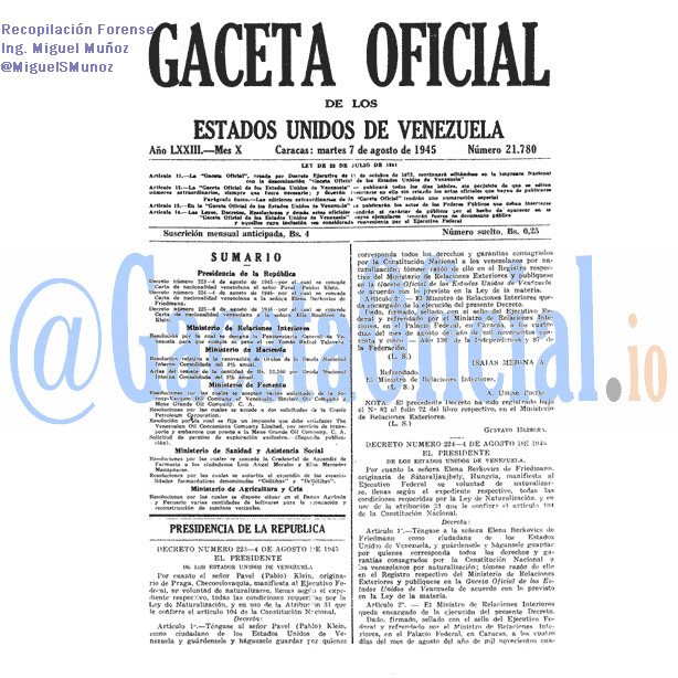 Gaceta Oficial 21780 del 7 Agosto 1945