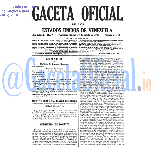 Gaceta Oficial 21783 del 10 Agosto 1945