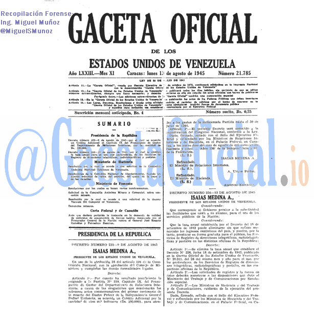 Gaceta Oficial 21785 del 13 Agosto 1945