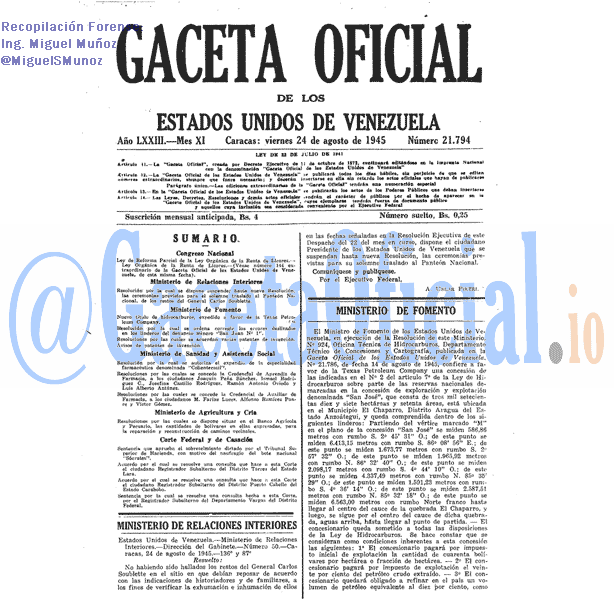 Gaceta Oficial 21794 del 24 Agosto 1945