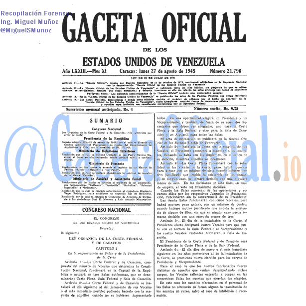 Gaceta Oficial 21796 del 27 Agosto 1945