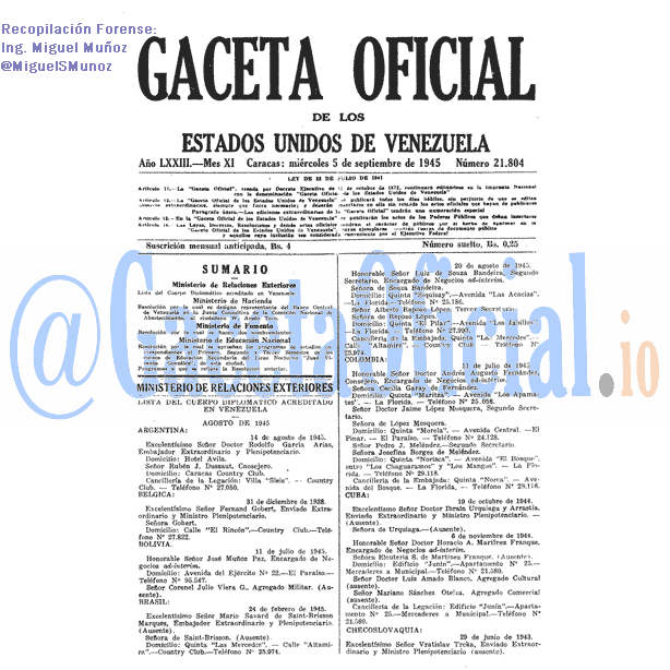 Gaceta Oficial 21804 del 5 Septiembre 1945
