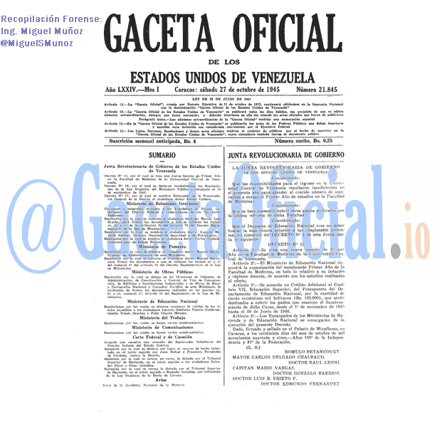 Gaceta Oficial 21845 del 27 Octubre 1945