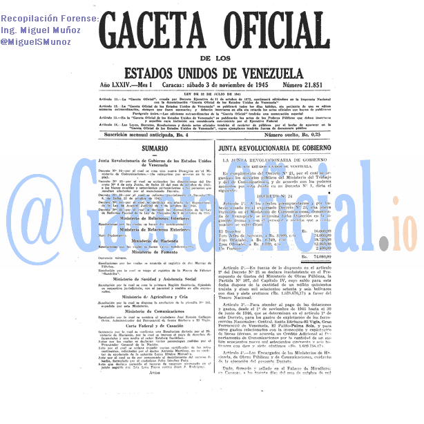 Gaceta Oficial 21851 del 3 Noviembre 1945