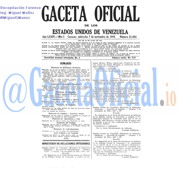 Gaceta Oficial 21854 del 7 Noviembre 1945