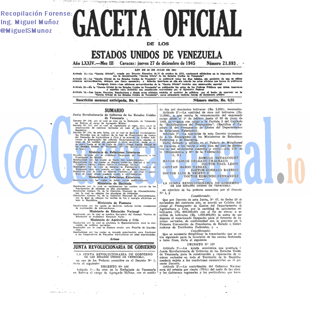 Gaceta Oficial 21893 del 27 Diciembre 1945