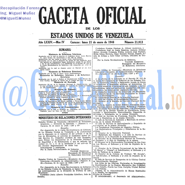 Gaceta Oficial 21913 del 21 Enero 1946