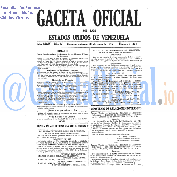 Gaceta Oficial 21921 del 30 Enero 1946