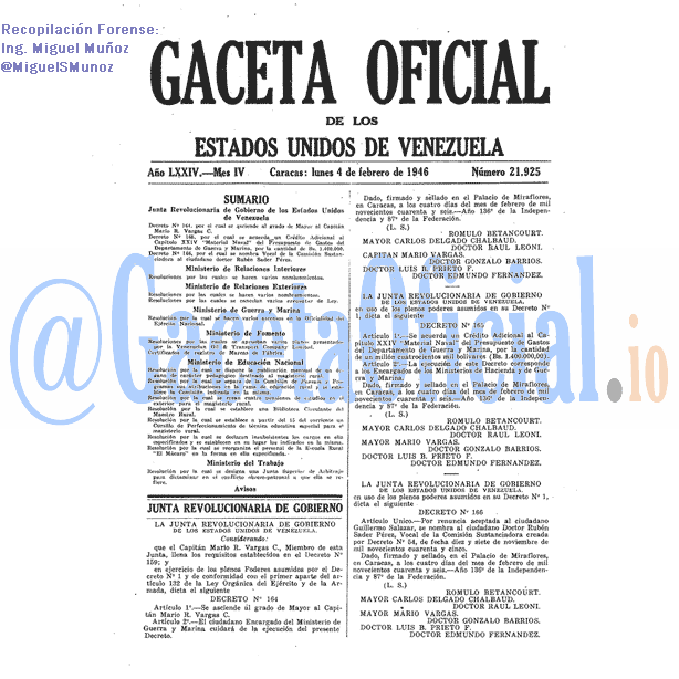 Gaceta Oficial 21925 del 4 Febrero 1946