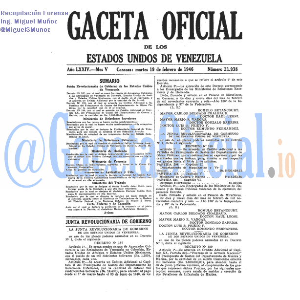 Gaceta Oficial 21938 del 19 Febrero 1946
