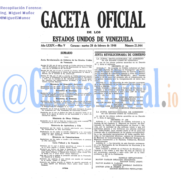 Gaceta Oficial 21944 del 26 Febrero 1946